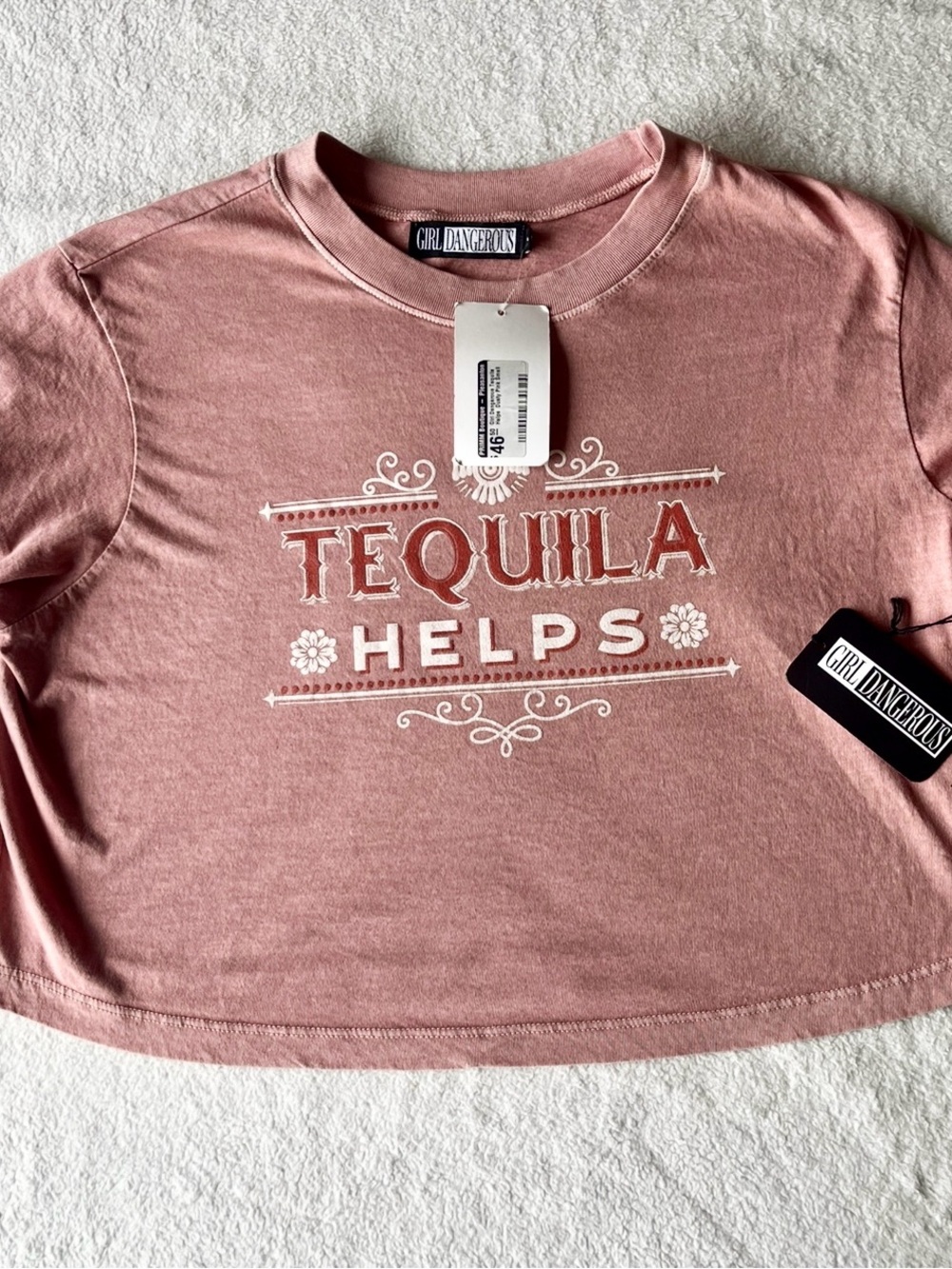 Girl Dangerous Pink 'Tequila Helps' Crop Tee NWT